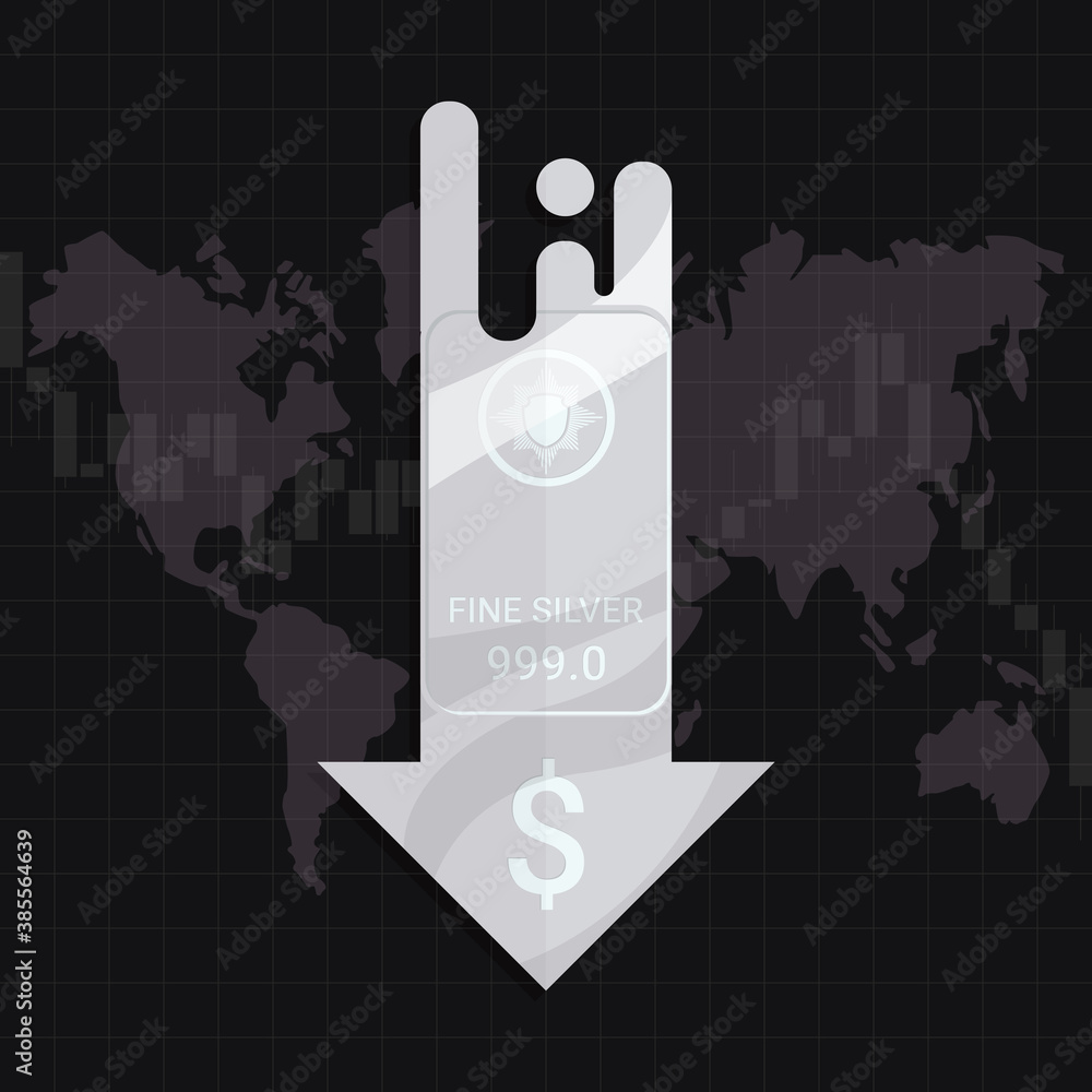 Silver market price crisis concept. Design by Ag metal bar and falling ...