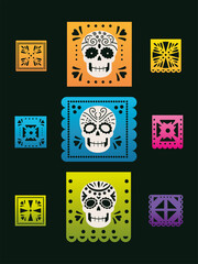 Wall Mural - day of the dead, mexican bunting with skulls and flowers celebration