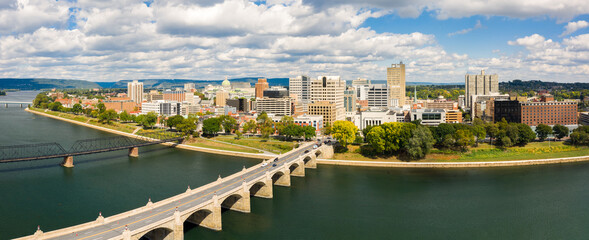 Wall Mural - Harrisburg, Pennsylvania aerial skyline panorama on a sunny day. Harrisburg is the capital of state and houses the government for the U.S. state of Pennsylvania