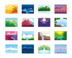 Wall Mural - landscape nature icons of mountains, ocean, river, tropical and forest