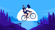 Business Risk - Businessman Doing A  Stunt Jump On Bike Outdoors. Challenge, Obstacle And Difficulty Concept. Vector Illustration.