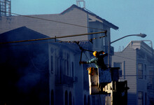 Cutting Overhead Trolly Wires To Prevent Electrocution, Marina District, Loma Prieta 1989 Earthquake, San Francisco, California