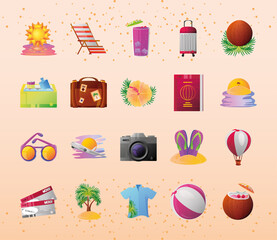 Sticker - summer vacation travel, icons related recreation adventure and tourism detailed style