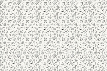 School background. Seamless texture with funny hand drawn icons. Vector