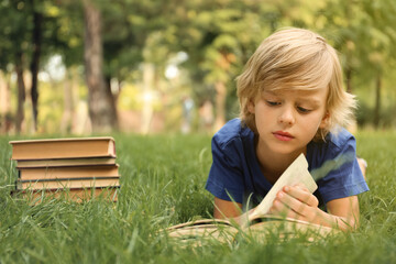 Cute little boy reading book on green grass in park