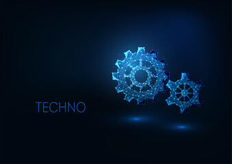 Wall Mural - Futuristic digital technologies concept with glowing low polygonal gears on dark blue background.