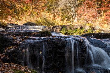 Peak fall foliage surrounds beautiful cascading upper side Shohola Falls on an Autumn morning in the Pennsylvania Poconos