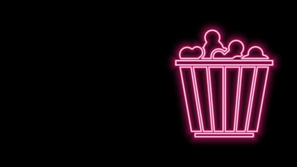 Poster - Glowing neon line Popcorn in cardboard box icon isolated on black background. Popcorn bucket box. 4K Video motion graphic animation