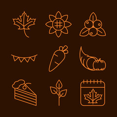 Sticker - thanksgiving day, cartoon turkey dinner candle leaf and pumpkin icons