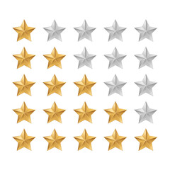 Stars rating icon set. Gold star icon set isolated on a white background. Five stars customer product rating review flat icon for apps and websites. vector illustration.