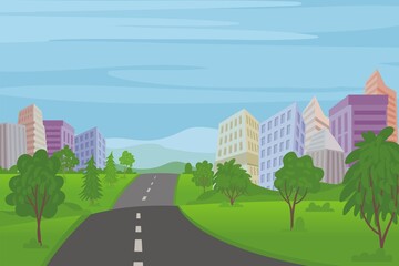 Wall Mural - 
Panorama city Park landscape with urban street, houses, and office buildings. scenery vector illustration
