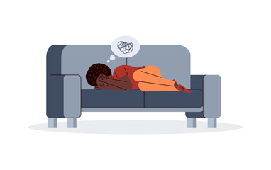 Wall Mural - Depressed suffering unhappy woman lies on couch covering his face with hands. Upset young girl with bad thoughts. Female psyche, suicide prevention. Vector illustration