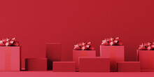 Minimal Product Background For Christmas, New Year And Sale Event Concept. Red Gift Box With Red Ribbon Bow On Red Background. 3d Render Illustration. Clipping Path Of Each Element Included.