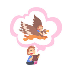 Wall Mural - Boy Reading Fairy Tail Fantasy Book about Griffin, Kids Imagination Concept, Fairy Tales, Stories, Discoveries Cartoon Style Vector Illustration