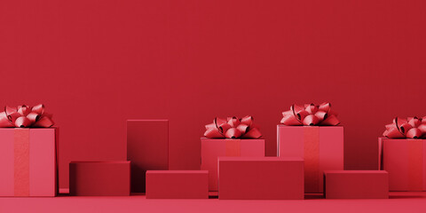 minimal product background for christmas, new year and sale event concept. red gift box with red rib