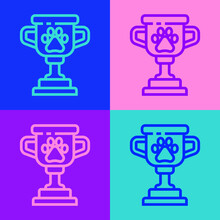 Pop Art Line Pet Award Symbol Icon Isolated On Color Background. Medal With Dog Footprint As Pets Exhibition Winner Concept. Vector.