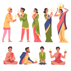 Wall Mural - Diwali Hindu Holiday, Indian People in Traditional Clothes Celebrating Light Festival with Glowing Candles Cartoon Style Vector Illustration