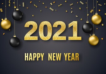 Wall Mural - 2021 New Year background for holiday greeting card, invitation, party flyer, poster, banner. Gold ball, confetti on black background.