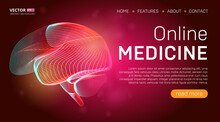 Online Medicine Landing Page Template Or Medical Hero Banner Design Concept. Human Brain Outline Organ Vector Illustration In 3d Line Art Style On Abstract Background