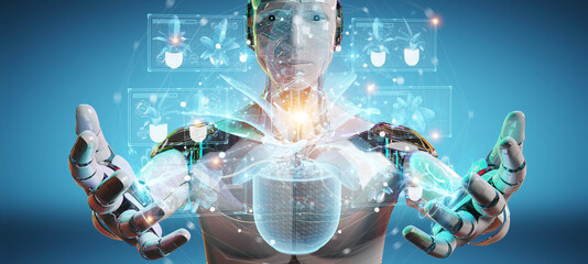 Aufkleber - Robot holding and touching holographic projection of a plant with digital analysis 3D rendering