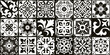 Set of 18 tiles Azulejos in black, white. Original traditional Portuguese and Spain decor. Seamless patchwork tile with Victorian motives. Ceramic tile in talavera style. Gaudi mosaic. Vector