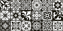 Set Of 18 Tiles Azulejos In Black, White. Original Traditional Portuguese And Spain Decor. Seamless Patchwork Tile With Victorian Motives. Ceramic Tile In Talavera Style. Gaudi Mosaic. Vector