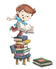 Boy in a chair with pile of books