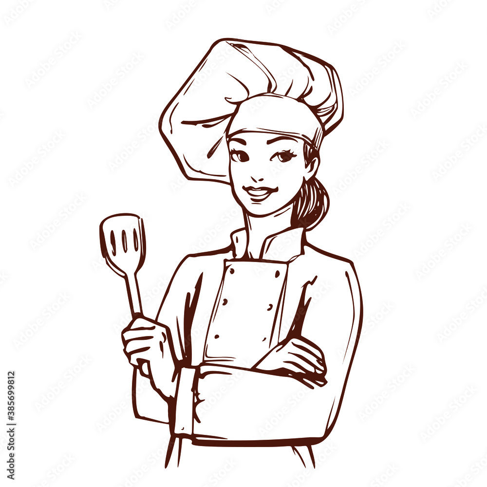 Woman dressed as a chef. Pretty smiling girl in a cook suit and hat ...