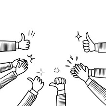 Hand Drawn Sketch Style Of Human Hands Clapping Ovation. Applause, Thumbs Up Gesture On Doodle Style. Vector Illustration.