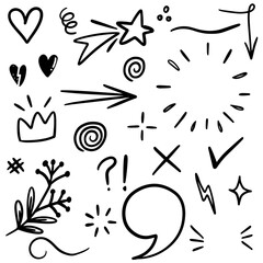 Wall Mural - hand drawn set elements, black on white background. arrow, heart, love, speech bubble, star, leaf,li