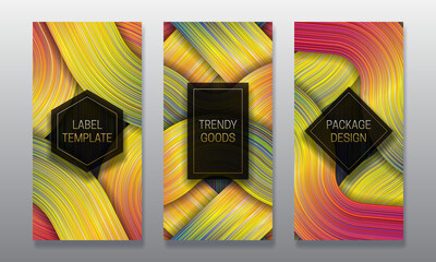 Poster - Luxury packaging design. Set of colorful labels templates for trendy goods. Holographic backgrounds with volumetric black frames.