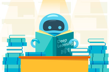 Robot or bot reading deep learning exercise book.