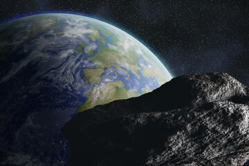 Wall Mural - Big asteroid or meteor is floating to Earth. Apocalypse concept. 3D rendered illustration. Elements of this image furnished by NASA.