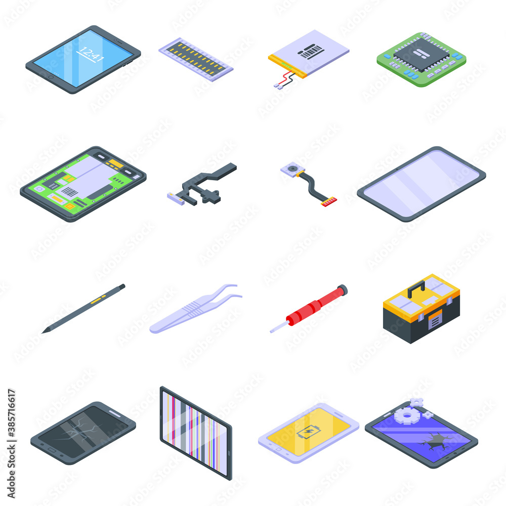 Tablet repair icons set. Isometric set of tablet repair vector icons ...