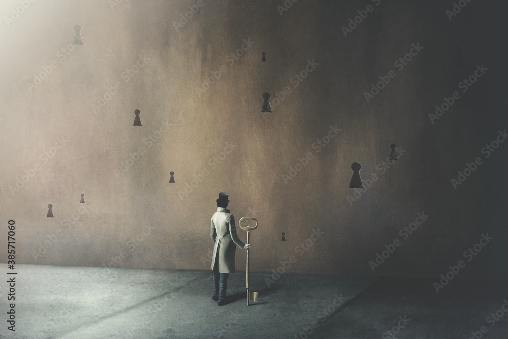 illustration on man holding big key in front of many different keyholes, surreal concept - obrazy, fototapety, plakaty 