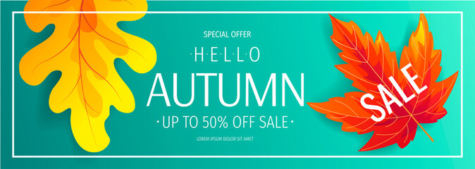 Wall Mural - Autumn promo sale banner or background with bright autumn leaves. Oak and maple leaf. Vector illustration for banner, poster, invitation, special offer, advertising, flyer, commercial.