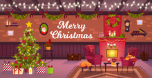 Winter Christmas Room Interior With Fireplace, X-mas Tree, Armchairs, Gift Boxes, Sleeping Cat. Traditional Decorated Indoor View With Chimney, Brick Wall,garland.Christmas Holiday Interior Background