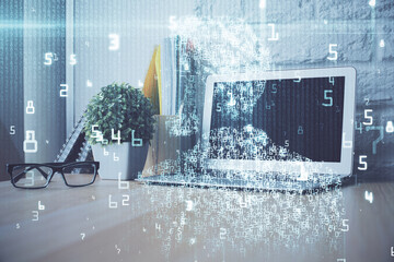 double exposure of desktop computer and technology theme hologram. concept of software development.