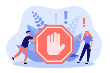 Tiny people standing near prohibited or forbidden gesture flat vector illustration. Symbolic warning, danger or safety caution information. Alert, risk, stop and restricted entry concept