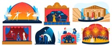 Theater Performance Vector Illustration Set. Cartoon Flat Performer Actor And Actress Characters Performing Drama Story, Ballet Acts Or Opera Theatrical Show On Stage Of Theatre Isolated On White