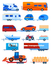 Camper Trailer Transport Vector Illustration Set. Cartoon Flat Car Bus Caravan Campervan Collection For People Tourist Passengers Transportation, Truck Vehicle For Cargo Transporting Isolated On White