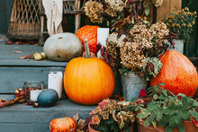 Porch Of The Backyard Decorated With Pumpkins In Autumn