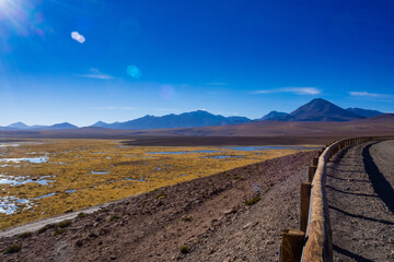 Dirt road in the Atacama desert region with the morning sun.
Chile.