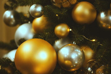 Large silver and gold Christmas balls on a fur-tree