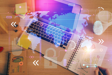 man with multi exposure global network theme icons.
