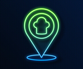 Sticker - Glowing neon line Chef hat with location icon isolated on blue background. Cooking symbol. Cooks hat. Vector.