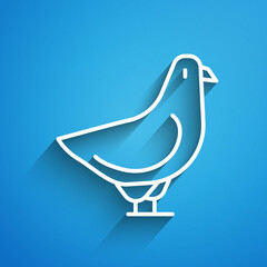 Sticker - White line Dove icon isolated on blue background. Long shadow. Vector.