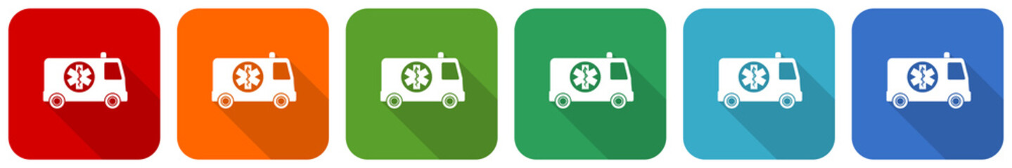 Aufkleber - Ambulance icon set, flat design vector illustration in 6 colors options for webdesign and mobile applications