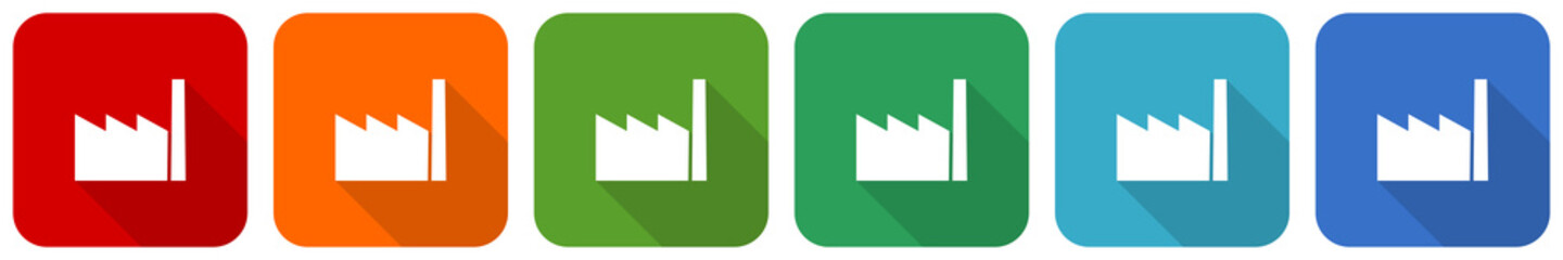Fototapete - Factory icon set, flat design vector illustration in 6 colors options for webdesign and mobile applications