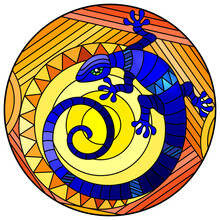 Illustration In Stained Glass Style With Abstract Blue Lizard And A Sun On An Orange Background, Round Image 